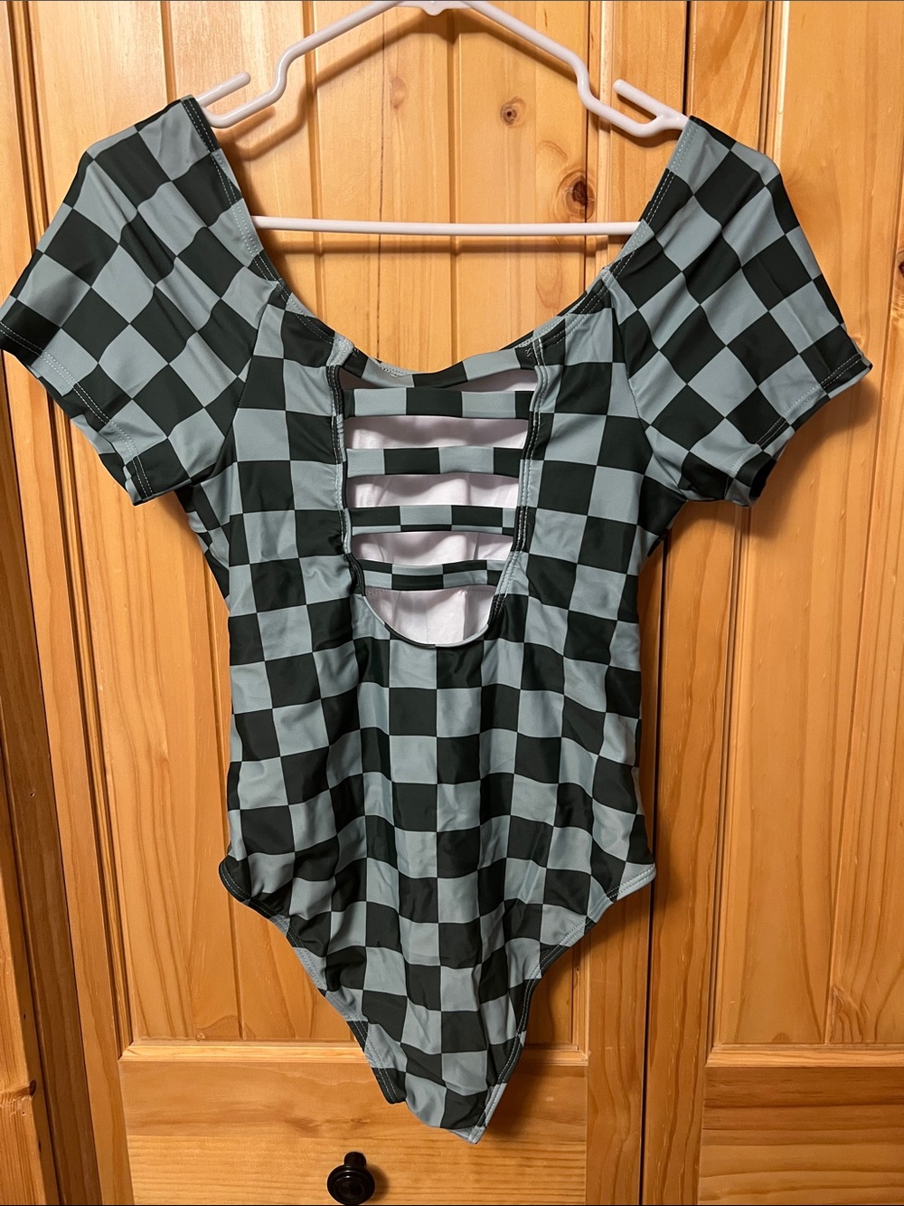 Women’s Checkerboard One-Piece Swimsuit - Green/Black - Picture 2 of 5